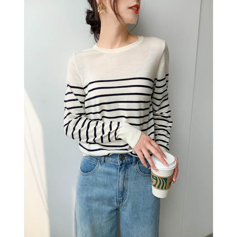 Mars Jiamin's new product New Australian wool close-fitting wear non-tied wool bottoming shirt knit striped T-shirt