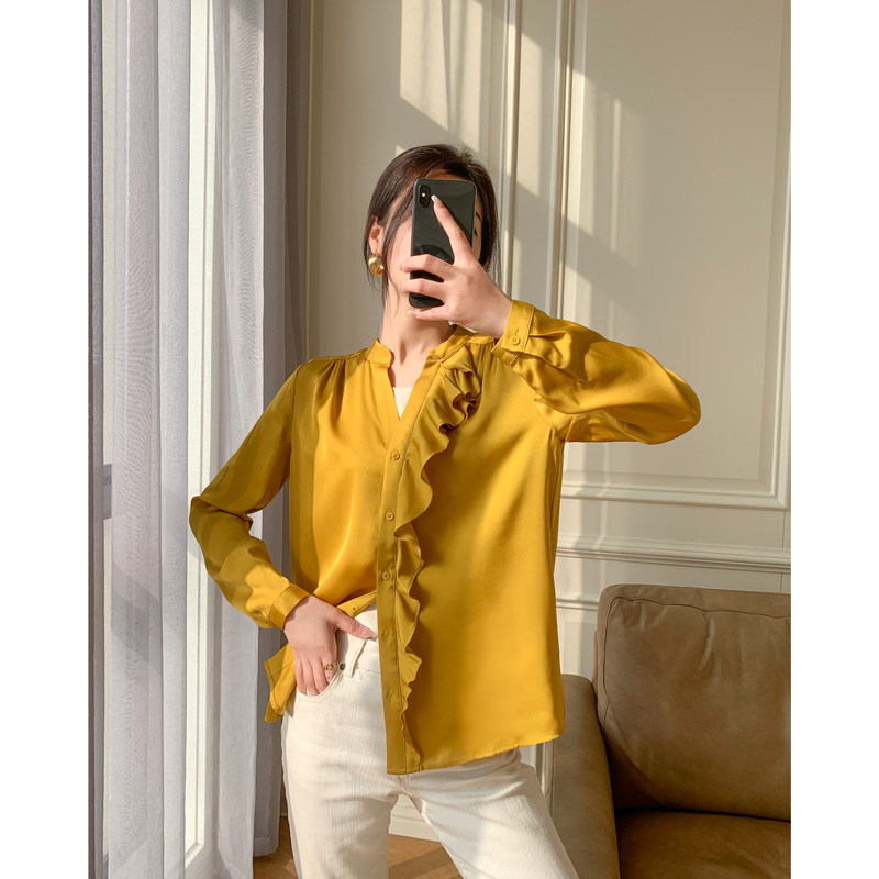 Ma's Jiamin 19mm elastic double Joe wood ear edge mulberry silk shirt real silk blouse