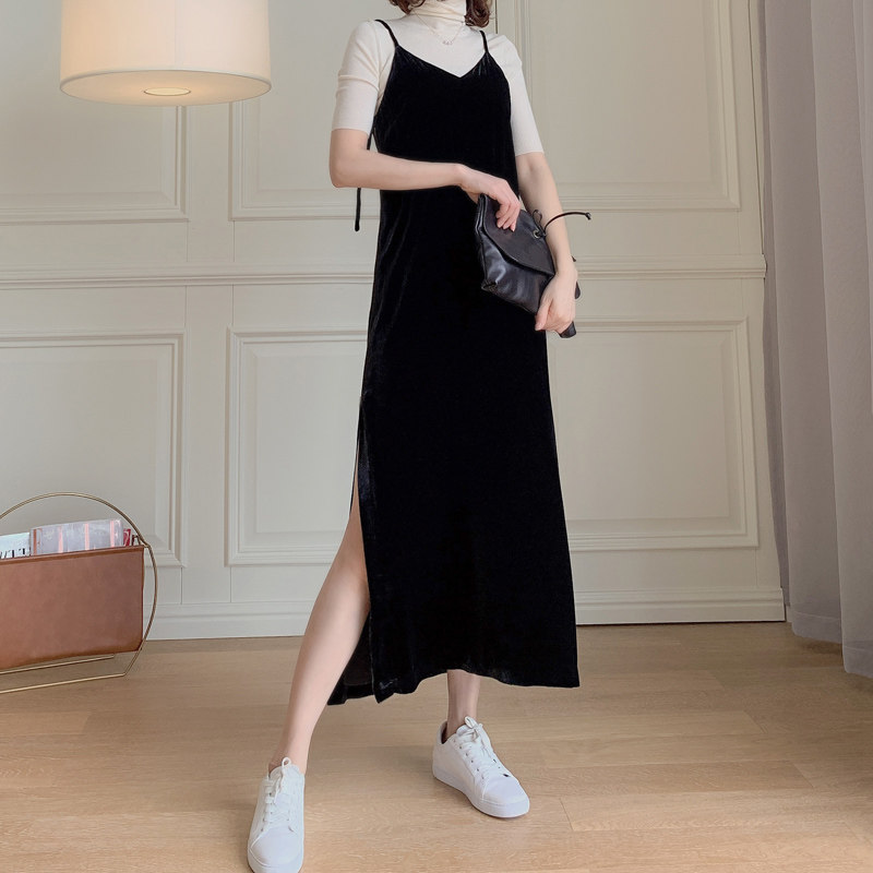 Mars Garmin silk velvet suspender dress V-neck black long skirt sexy suspender skirt 682035