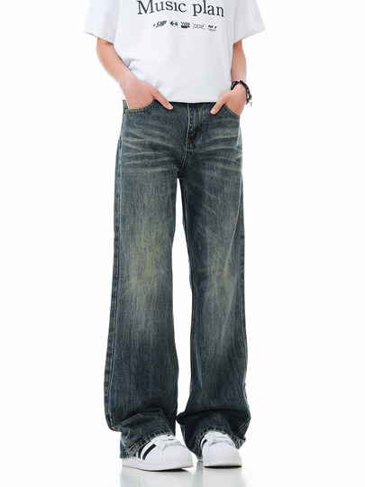 Verborgen Jeans American High Street Style Men's Vintage Retro Loose Distressed Washed Flared Straight Leg Slimming