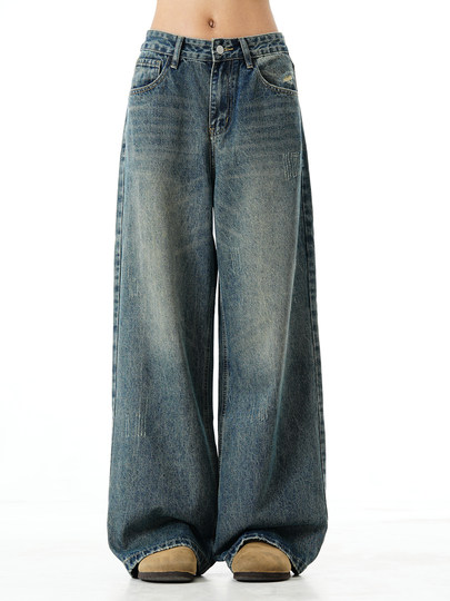 Verborgen loose straight wide-leg jeans American washed old retro vintage long pants for men and women