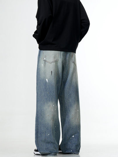 Verboren Light Blue Splatter Denim Jeans American Retro Vintage Washed Distressed Straight Loose Wide-Leg