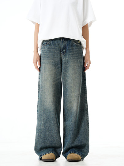 Verborgen loose straight wide-leg jeans American washed old retro vintage long pants for men and women