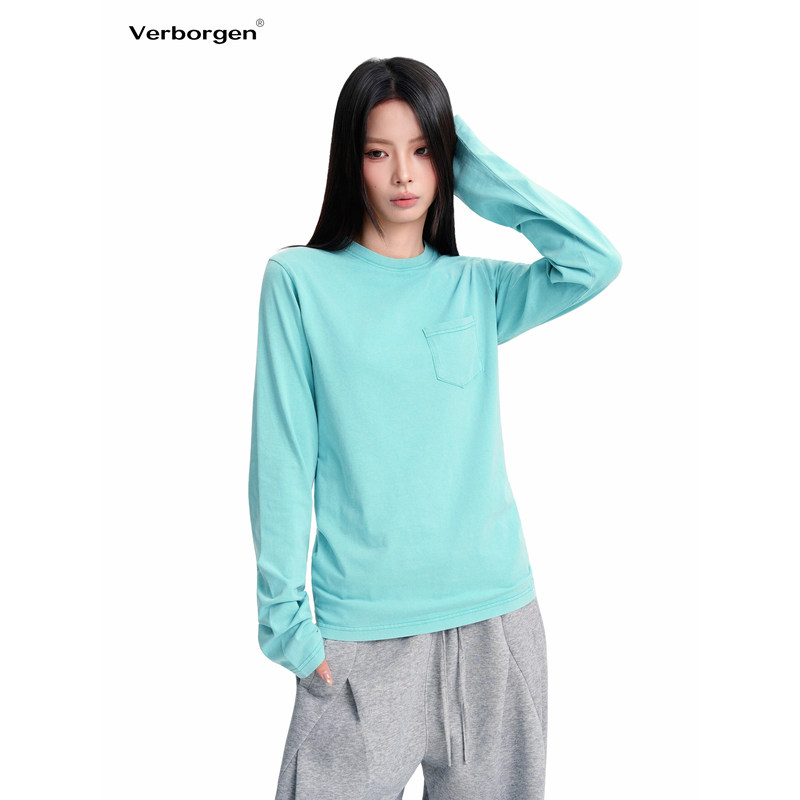 Verborgen Casual Everyday Washed Lake Blue Long-Sleeve Top, Fitted Style, Simple Round Neck Long-Sleeve T-Shirt, Trendy