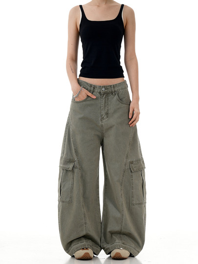 Verborgen American Retro Deconstructed Brown Scimitar Cargo Pants Unisex Trendy Loose Wide-Leg Sickle Pants