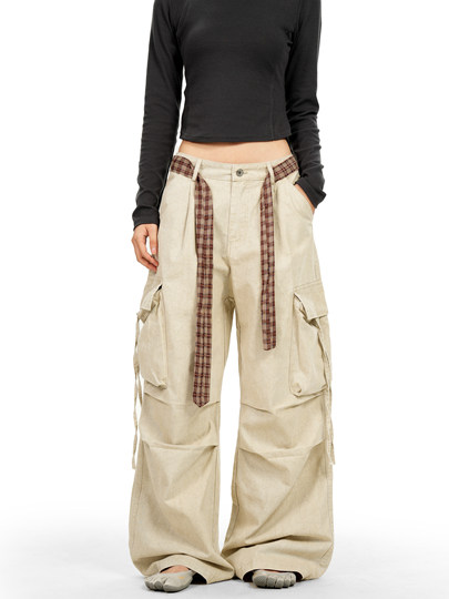Verborgen American Retro Multi-Pocket Pleated Cargo Pants for Men and Women with Plaid Belt, Loose Straight Wide-Leg Pants