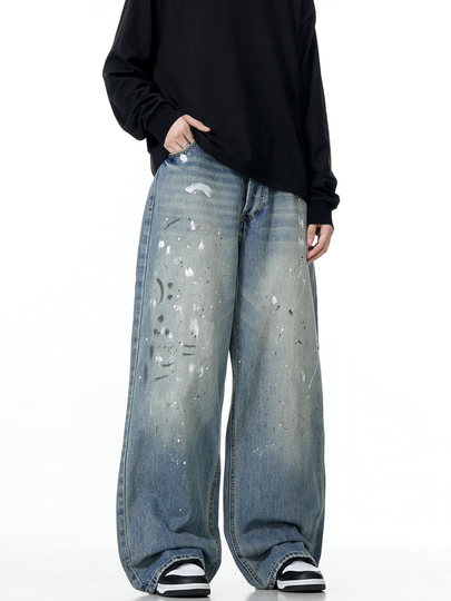 Verboren Light Blue Splatter Denim Jeans American Retro Vintage Washed Distressed Straight Loose Wide-Leg