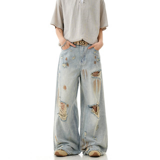 Verborgen American Retro Blue Ripped Distressed Jeans for Men, High Street Trendy Brand, Niche Design Long Pants