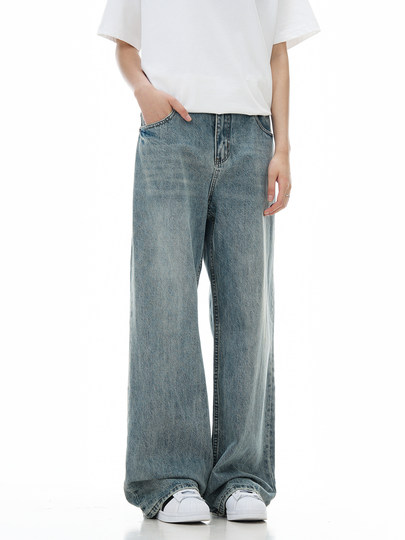 Verborgen Light Blue Jeans Retro American High Street Loose Straight Wide-Leg Washed Vintage Long Pants