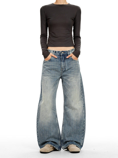 Verborgen American Retro Washed Blue Slub Pattern Scimitar Jeans for Men, Loose and Versatile Wide-Leg Sickle Pants