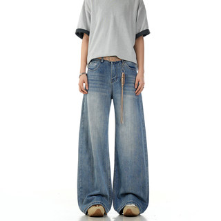 Verborgen American Retro Blue Slub Denim Jeans Unisex Straight Loose Cleanfit Floor-Length Pants