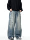Verboren Light Blue Splatter Denim Jeans American Retro Vintage Washed Distressed Straight Loose Wide-Leg