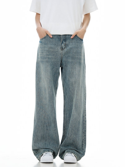 Verborgen Light Blue Jeans Retro American High Street Loose Straight Wide-Leg Washed Vintage Long Pants