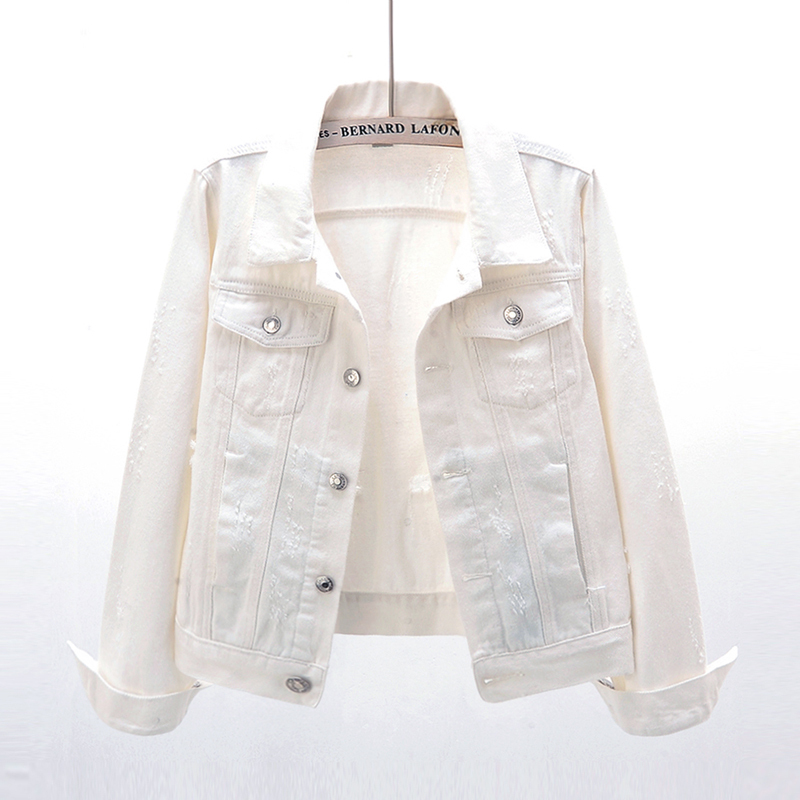 2026 Spring New Korean Style Versatile Distressed Long Sleeve Denim Jacket Women's Short Loose White Top Trendy Jacket