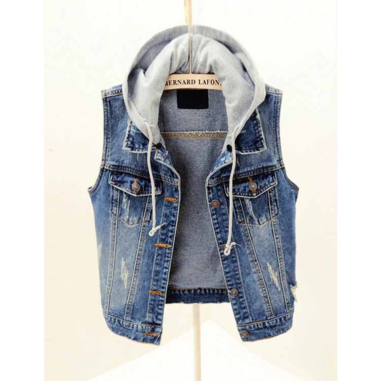 Mùa xuân và Mùa Thu Hàn Quốc phiên bản của hoang dã ngắn không tay trùm đầu denim vest nữ mùa hè vest mỏng vest jacket coat kích thước lớn áo gile phao