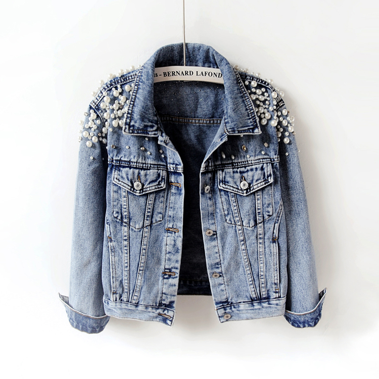 Spring and autumn Korean version of heavy industry fashion beaded short denim jacket women's nine-point sleeve denim jacket waistcoat tide