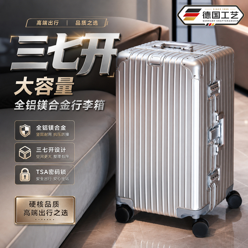 German All-Aluminum Magnesium Alloy Suitcase, New Metal Trolley Case for Women, Thickened Large-Capacity Password Travel Case for Men