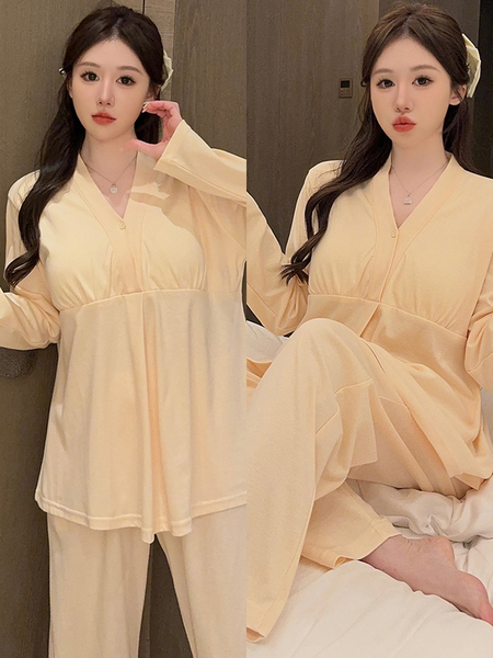 Maternity Pajamas with Breast Pads, Spring and Summer Thin Style, Pure Cotton Postpartum, Autumn and Winter Nursing Maternity Sleepwear, Maternity Loungewear