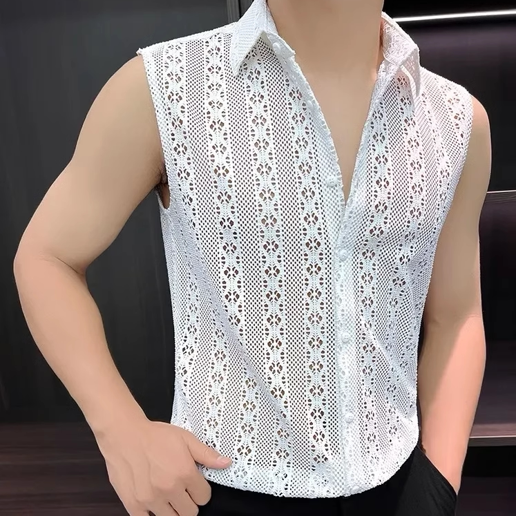 Summer New Style Ice Silk Floral Shirt Sleeveless Vest Men's Fashion Trendy Cool Lace Mesh Hollow Shirt Trendy