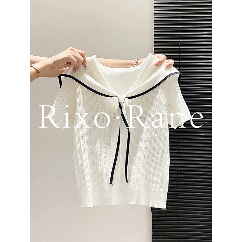 France Rixo Rane ⭐ Navy Collar Lace-Up Short-Sleeved Knitwear T-Shirt for Women, New Summer Style Slimming and Elegant Top France Rixo Rane ⭐ Navy Collar Lace-Up Short-Sleeved Knitwear T-Shirt for Women, New Summer Style Slimming and Elegant Top