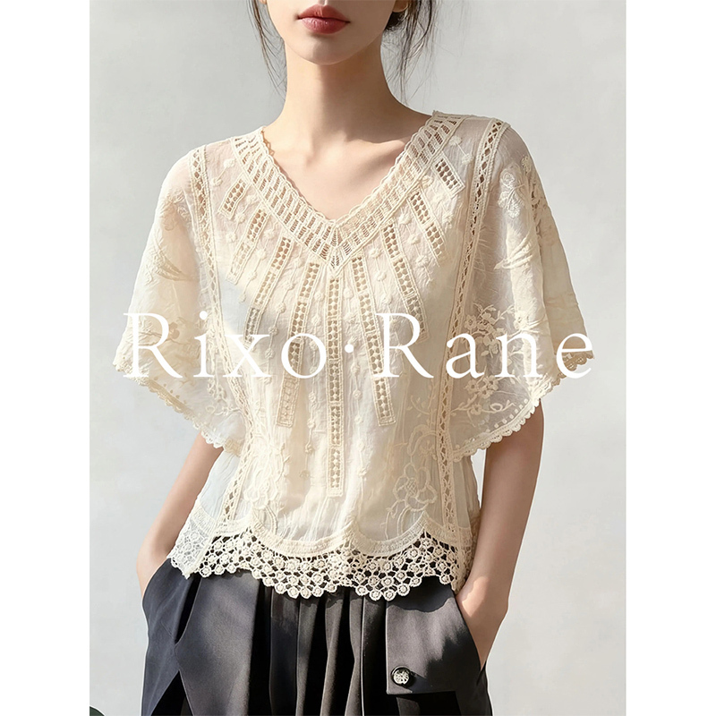 French Rixo Rane, Elegant and High-End ⭐ French V Neck Cut Out Embroidered Short-Sleeved Shirt with Lace Loose Top French Rixo Rane, Elegant and High-End ⭐ French V Neck Cut Out Embroidered Short-Sleeved Shirt with Lace Loose Top