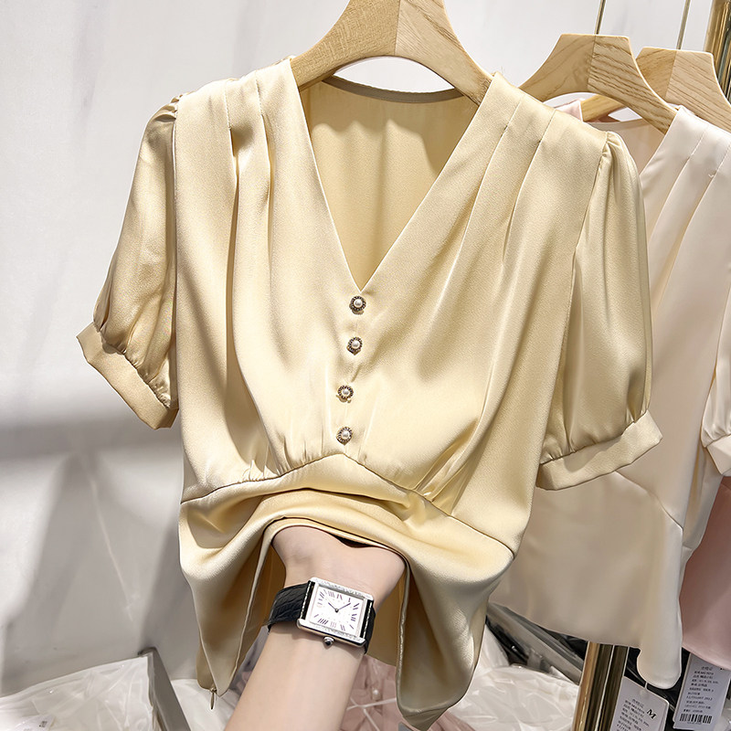 Han Edition Advanced Sense Design Commuter temperament short sleeve tops woman summer New pure colour V-collar gas shirt