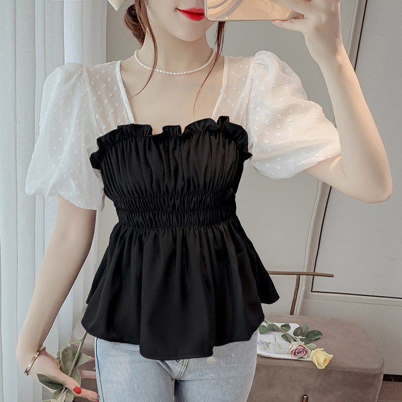 Korean version of the Western style fashion chiffon thin short-sleeved shirt summer new puff sleeves niche stitching top women's clothing