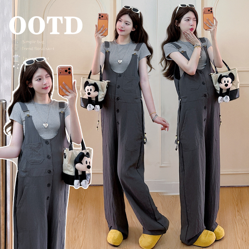 2026 New Maternity Wear Summer Workwear High-Waisted Slimming Loose Overalls with Inner Layer 2-Piece Set 100kg Trendy