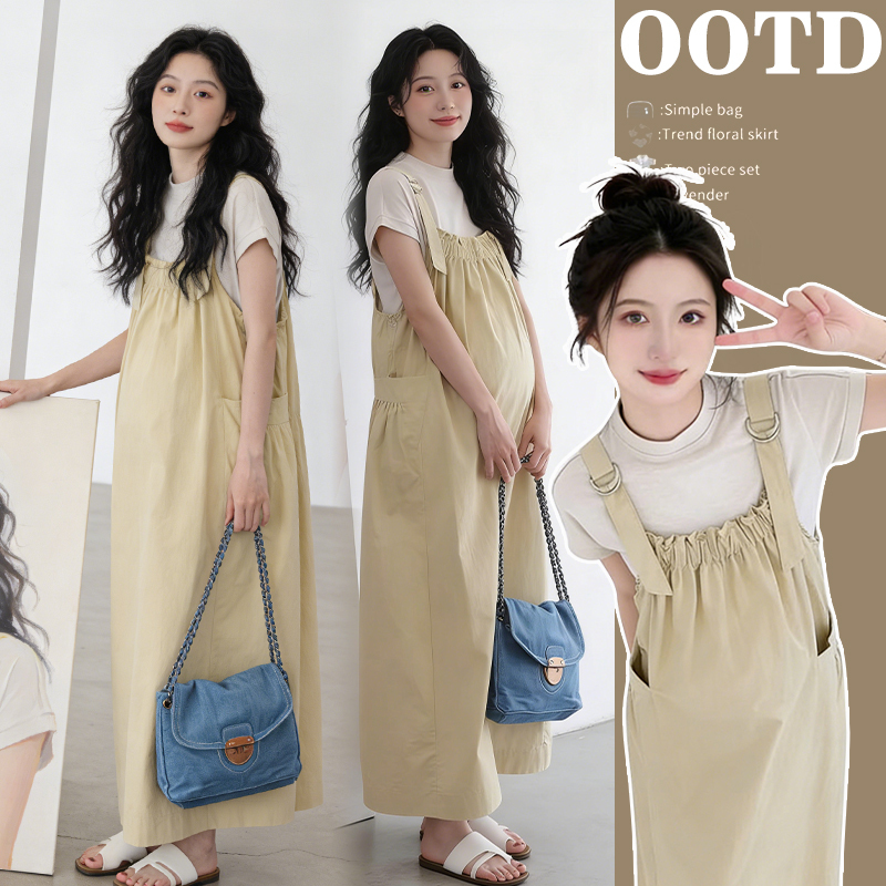 Plus-Size Maternity Summer Outfit Stylish and Fashionable Pregnancy Wear Short-Sleeve Top Loose Suspender Skirt 2-Piece Set 100kg Trendy