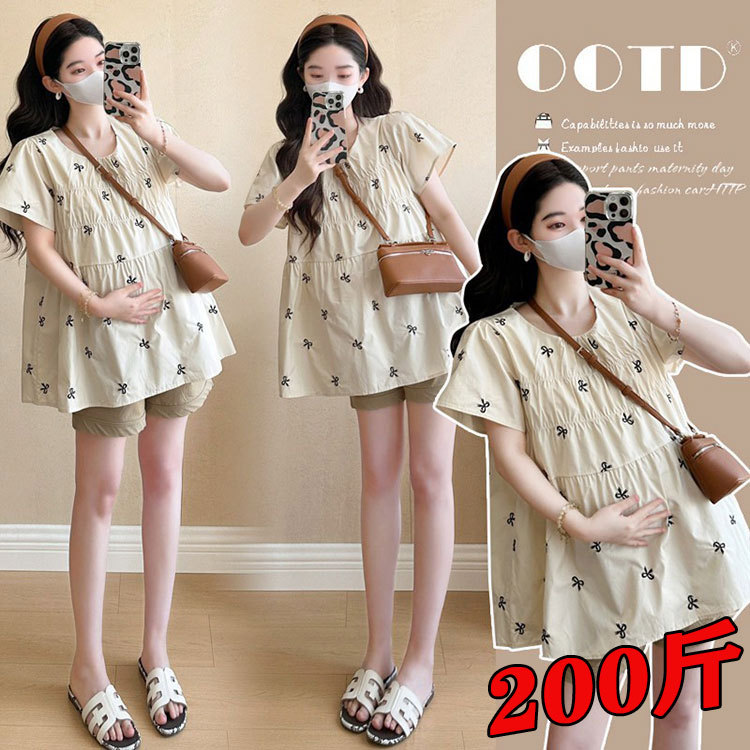 2026 New Large Size Maternity Korean Style Flutter Sleeve Bow Embroidery Age-Reducing Babydoll Shirt Loose Fit 100kg 2026 New Large Size Maternity Korean Style Flutter Sleeve Bow Embroidery Age-Reducing Babydoll Shirt Loose Fit 100kg