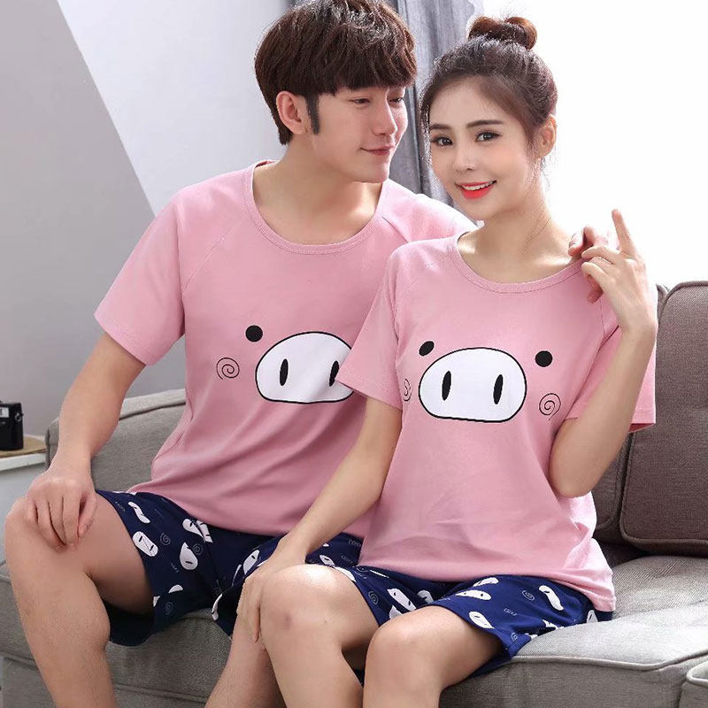 Pig couple pajamas short-sleeved summer cotton female 200 catties increase plus fat loose male pig Peggy tide