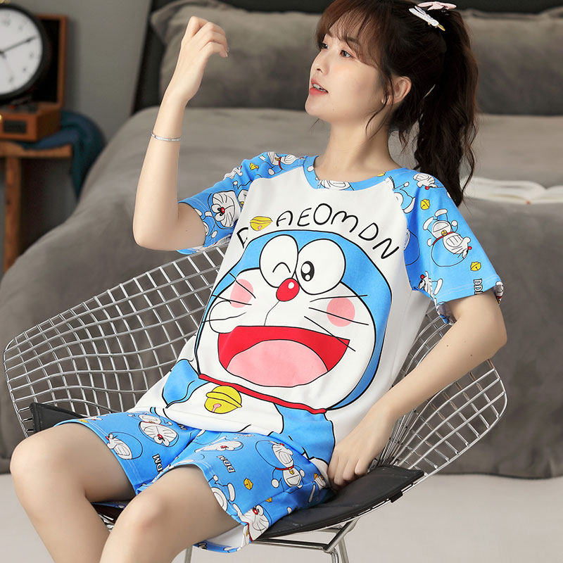 Pajamas girl short sleeve Doraemon Cartoon thin summer clinking cat machine cat weight and weight mm 200 pounds