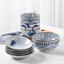 Pozo sees Japanese imported blue-stained crab noodle bowl soup plate 10 12-piece set household plate bowl Japanese style and style