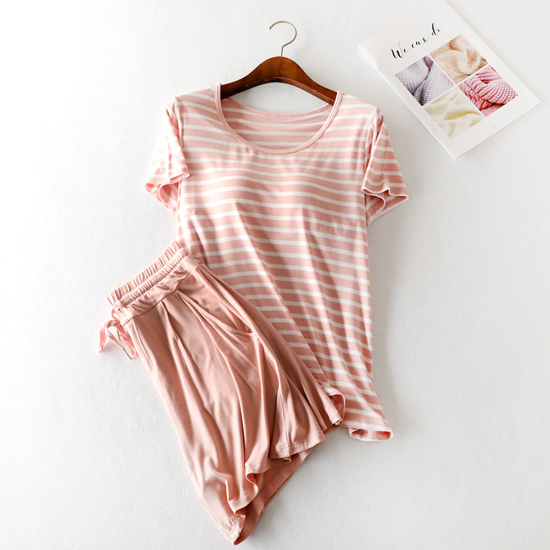 Pajamas with chest pad women's Summerdale short-sleeved suit bra-free cotton half-sleeve shorts thin loose home clothes