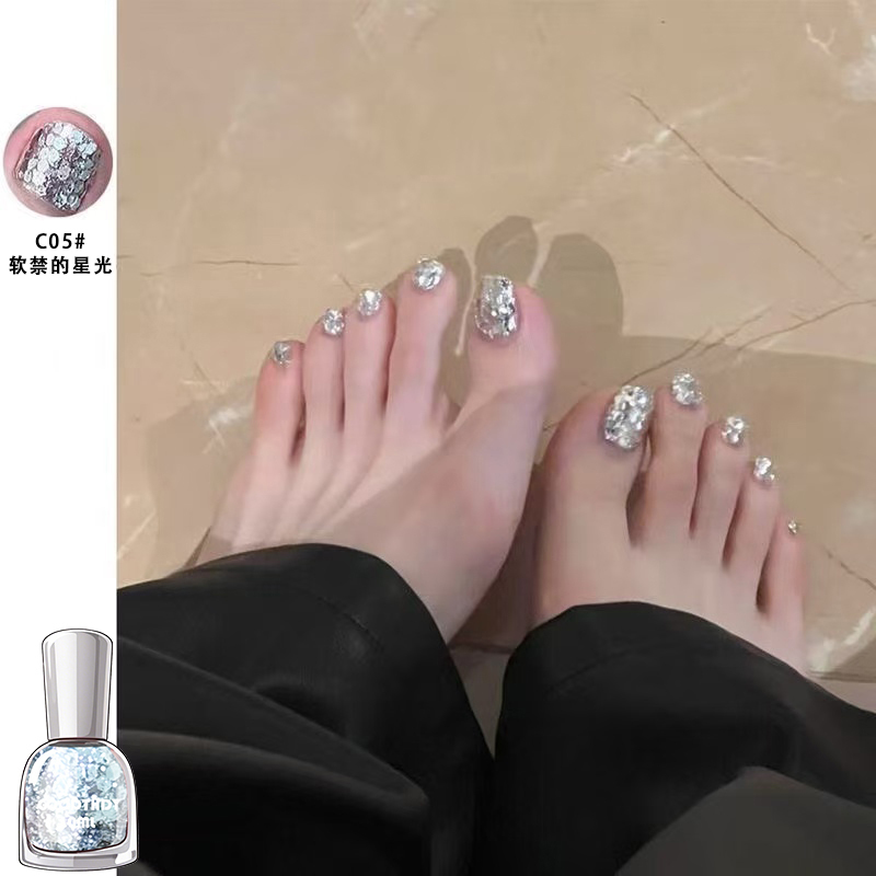 Flashy Toe Nail Polish with Silver Glitter, Ancora Red, Sparkling, No-Bake, Quick-Drying, Long-Lasting, Peelable Toe Nail Art