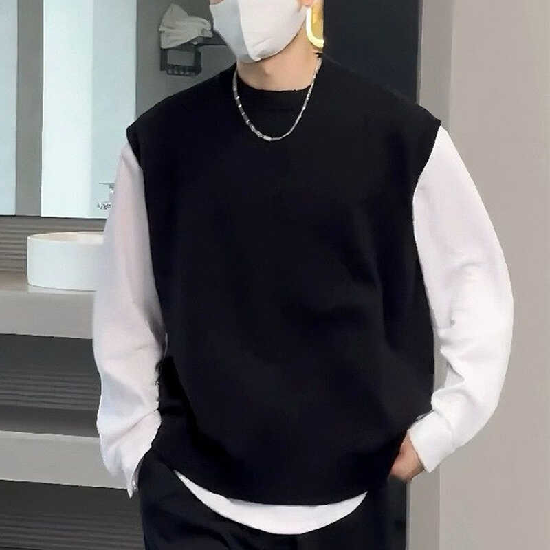 Ribbed Crew Neck Versatile Vest Sleeveless Sweater Men's Autumn and Winter New Pullover Knitwear Vest for Outerwear Ribbed Crew Neck Versatile Vest Sleeveless Sweater Men's Autumn and Winter New Pullover Knitwear Vest for Outerwear
