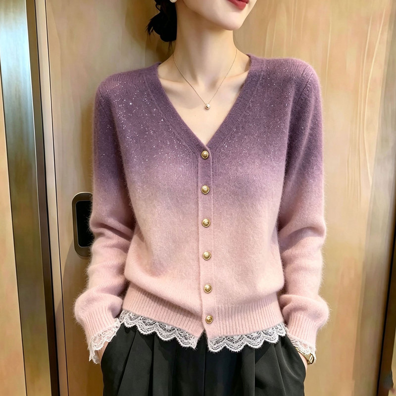 Gradient Color Bright Silk Knitted Cardigan for Women 2026 Autumn and Winter V-Neck Lace Edge Gentle Style Short Soft Sweater Jacket Gradient Color Bright Silk Knitted Cardigan for Women 2026 Autumn and Winter V-Neck Lace Edge Gentle Style Short Soft Sweater Jacket
