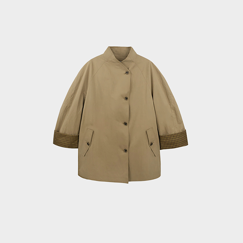 Miss Couleur Barn Style Trench Coat with Stand Collar, Plaid Lapel, Loose Fit Jacket Mc26Ss005