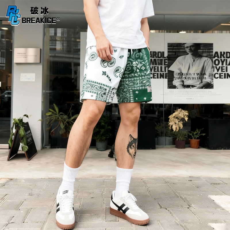 Bkcxzice Retro Patchwork Paisley Shorts Men's American Style Knee-Length Sports Shorts Basketball Training Shorts