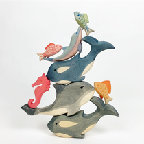 Hand-painted solid wood small animal simulation handmade wooden doll childrens home toy marine life whale fairy tale
