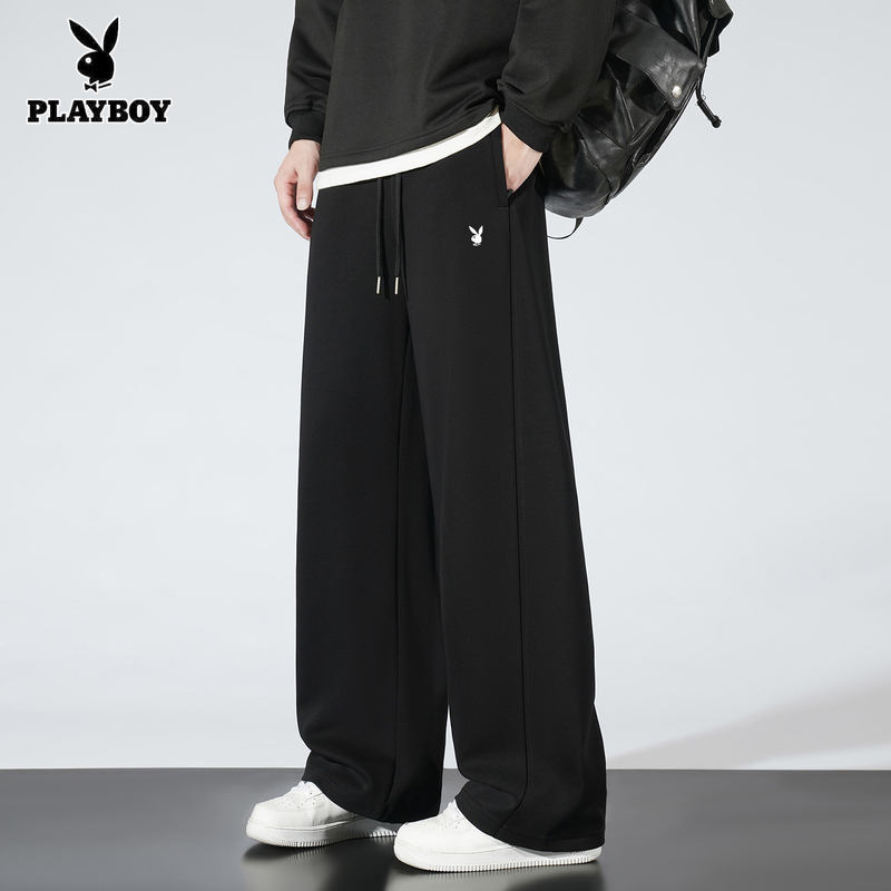 Playboy Sweatpants for Men, Loose Straight-Leg Sports Pants for Teenagers, Autumn and Winter, with Pockets and Zippers, Simple Casual Long Pants