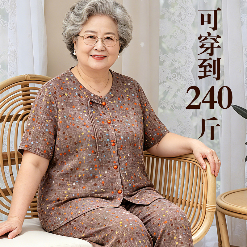 Middle-Aged and Elderly Women's Clothing, Fat Mom Short-Sleeved Ice Silk Cardigan Suit, Grandma's Summer Loose Extra-Large Size Casual Two-Piece Set Middle-Aged and Elderly Women's Clothing, Fat Mom Short-Sleeved Ice Silk Cardigan Suit, Grandma's Summer Loose Extra-Large Size Casual Two-Piece Set
