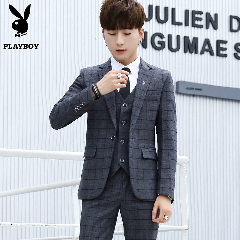 Playboy casual suit men's suit suit three-piece Korean version slim wedding groom dress British style