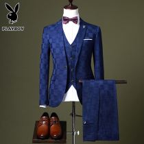 Playboy suit mens suit Casual three-piece suit Slim small suit mens British style groom wedding dress