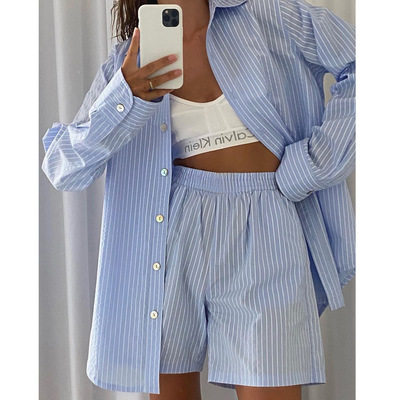 European and American women's new 2021 summer hot sale striped loose shirt shorts with pockets fashion casual two-piece suit