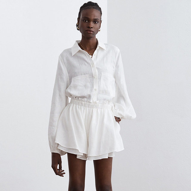 2022 summer European and American cotton and linen long-sleeved shirt ruffled double-layer shorts two-piece casual fashion white suit women