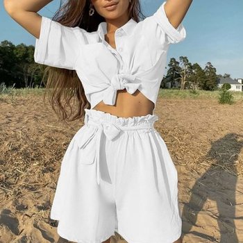 European and American new 2021 women's solid color short-sleeved straps cropped shirts shorts fashion casual beach two-piece suit