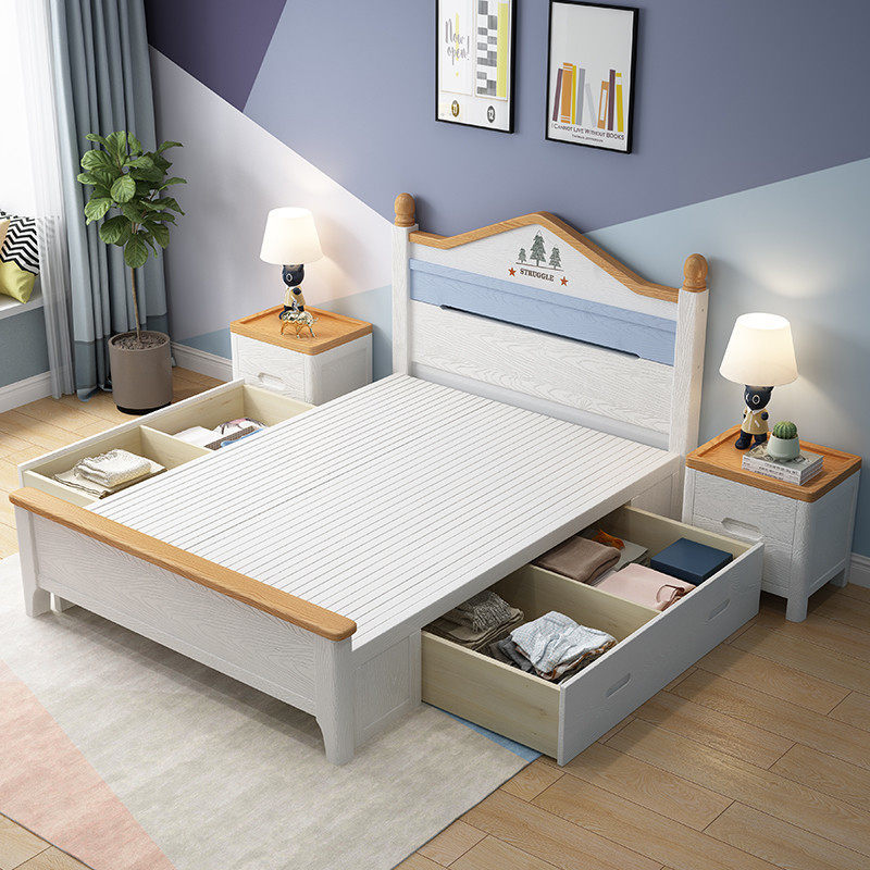 Solid Wood Bed American Minimalist Modern 1 5 m 1 2m Single Teen Children Room Storage White Embossing Home