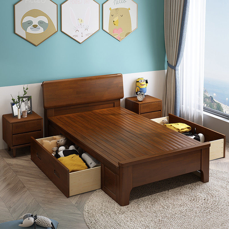Nordic solid wood bed household simple small apartment adult children 12*19 m 1 35m high box storage single bed