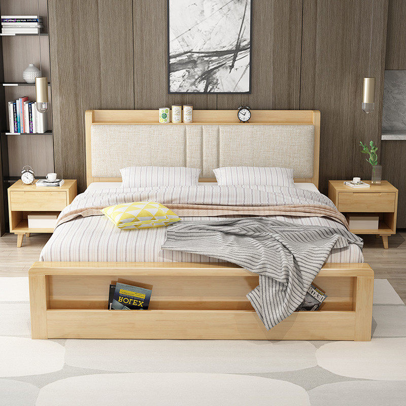 Solid wood bed modern simple double 1 5 m 1 8m master bedroom box storage factory straight log 22 m big bed